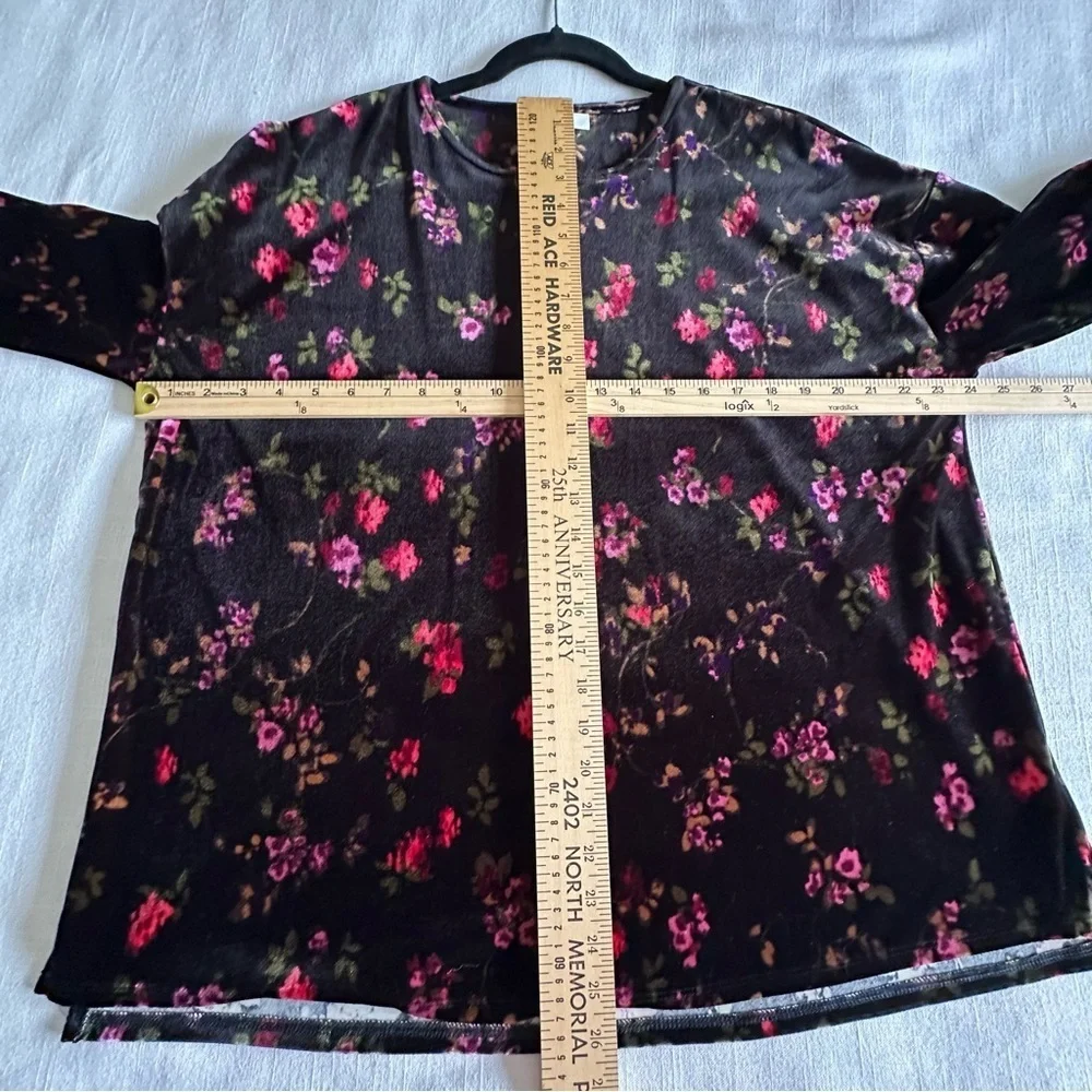J Jill Shirt Womens L Black Velvet Dark Floral Long Sleeve Stretch Pullover Boho